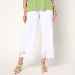 Susan Graver Laser Cut Hem Wide Leg White Pants Sz XL Liquid Knit Crop A691325